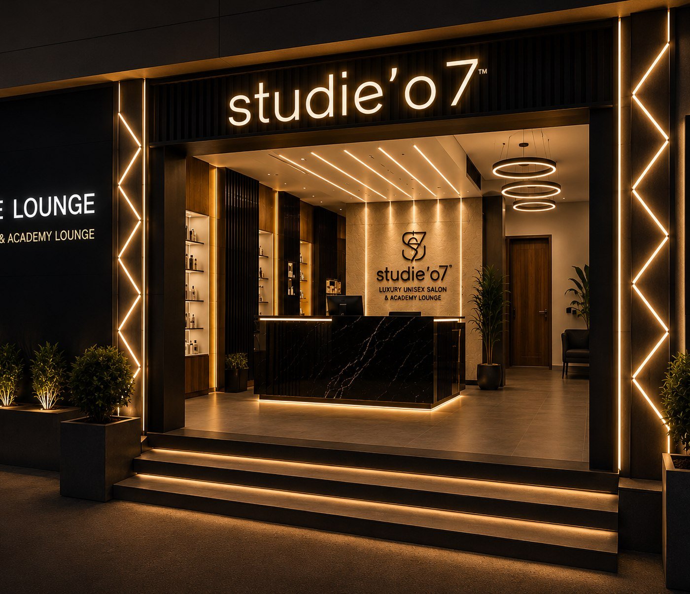The lit entrance and reception of Studie'o7 Signature Lounge