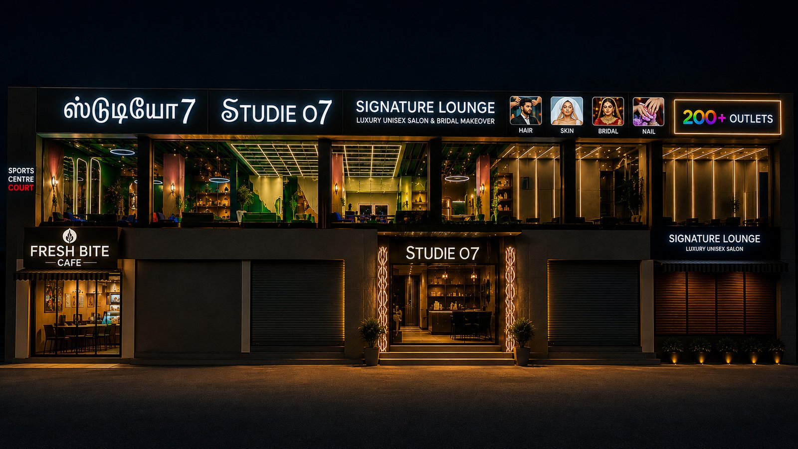The illuminated Studie'o7 Signature Lounge storefront at Hopes, Coimbatore